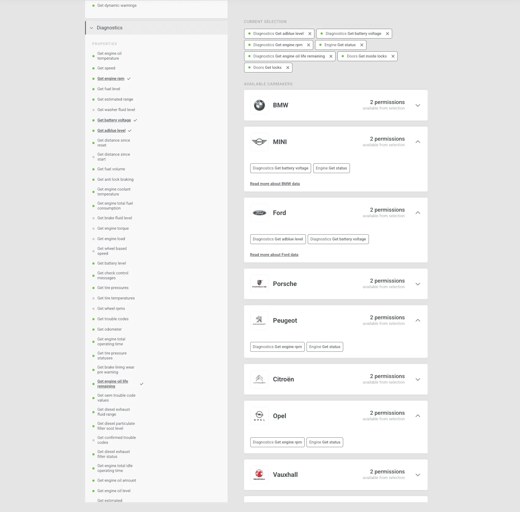 The old High Mobility Console: a long, nested list of data settings