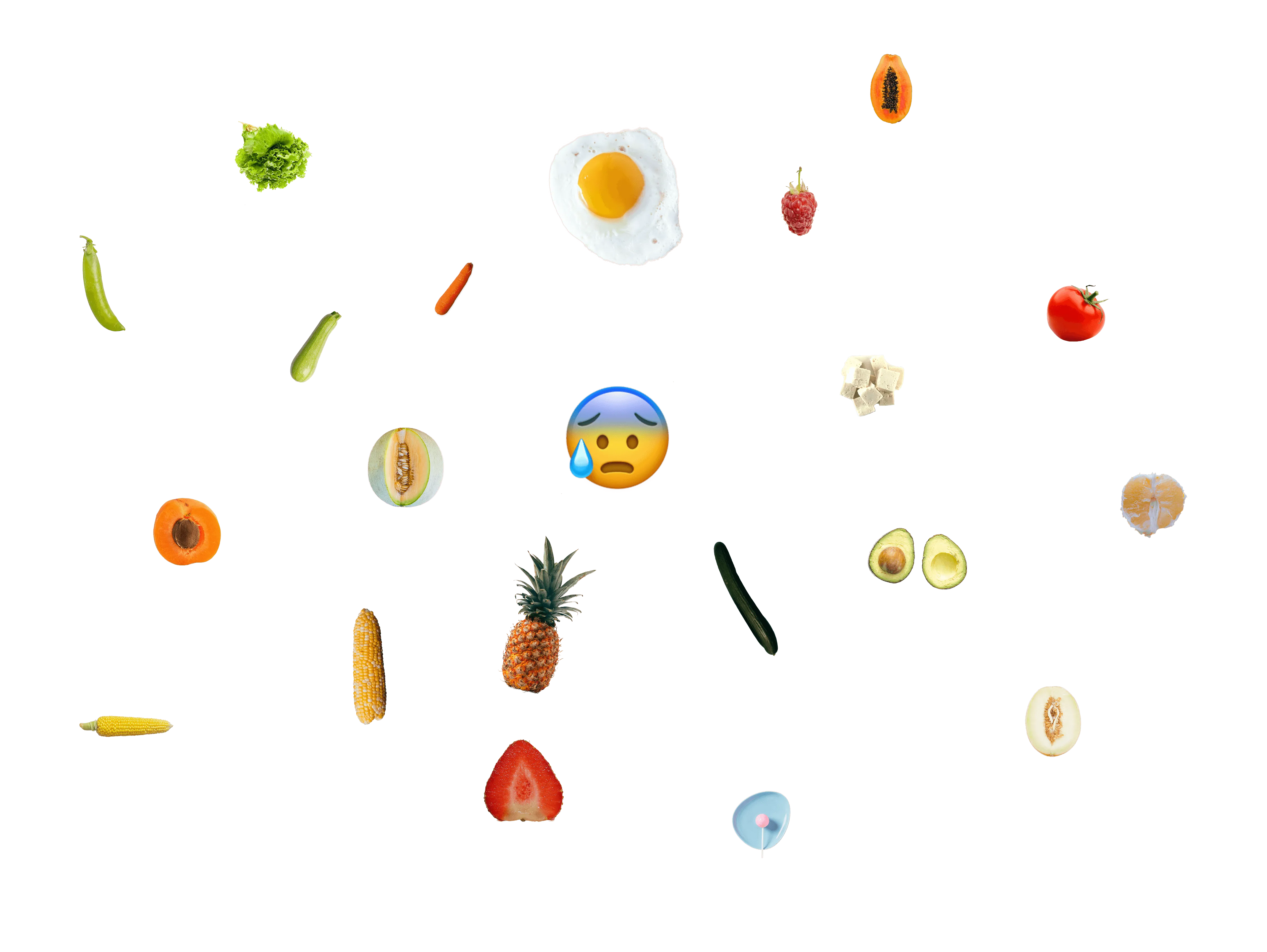 Illustration of fruit and vegetables scattered around a worried face: healthy food anxiety