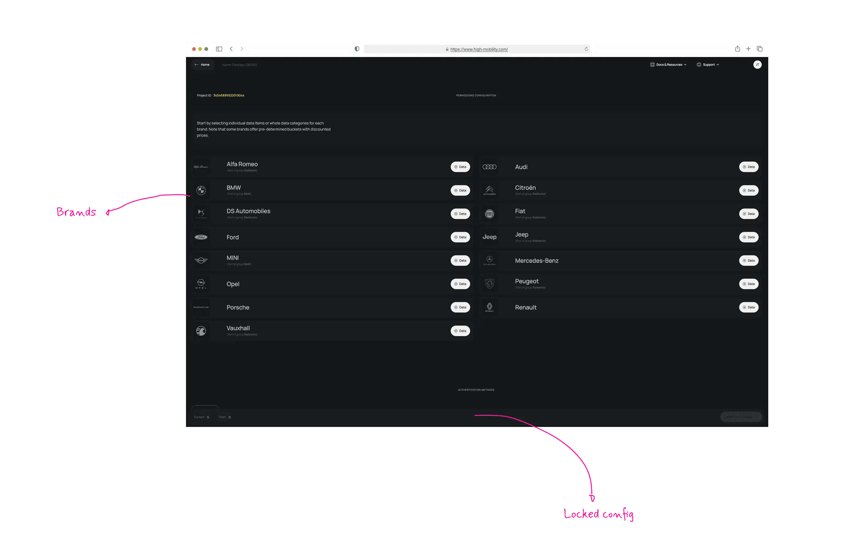 Webflow prototype of the data configuration screen, annotated