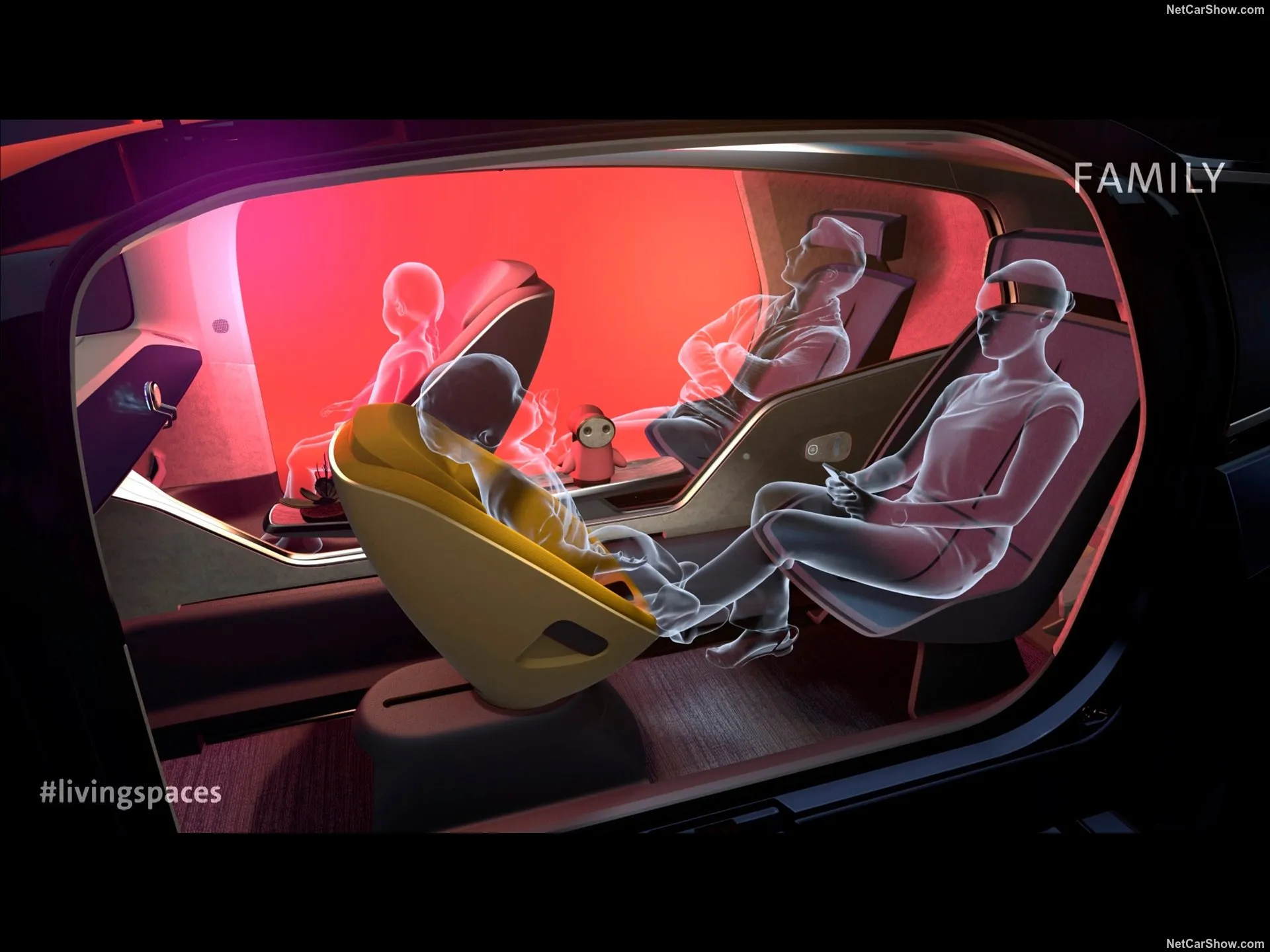 GEN.TRAVEL cabin in family mode with red ambient lighting