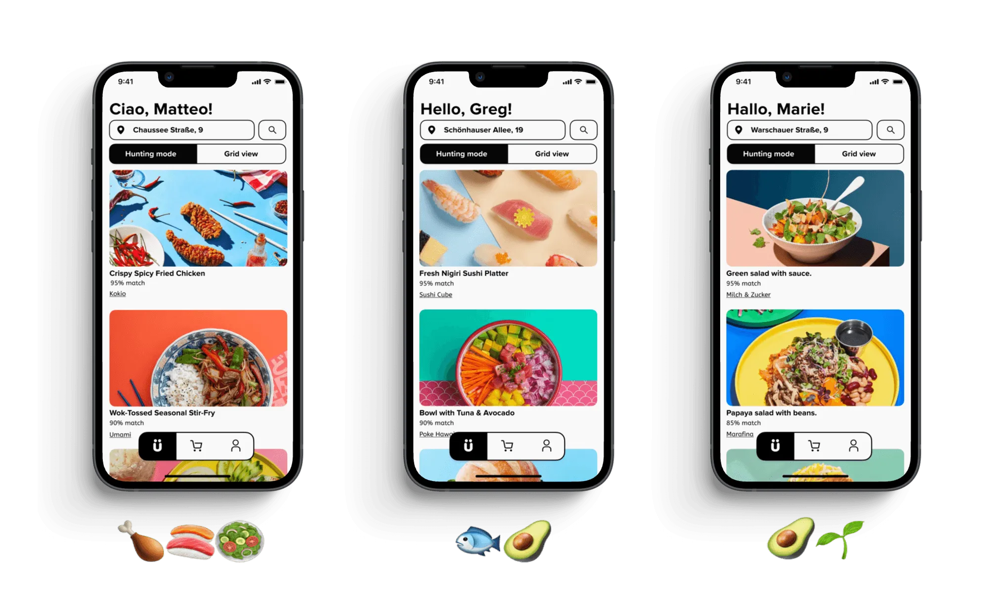 Three app screens showing personalised food recommendations