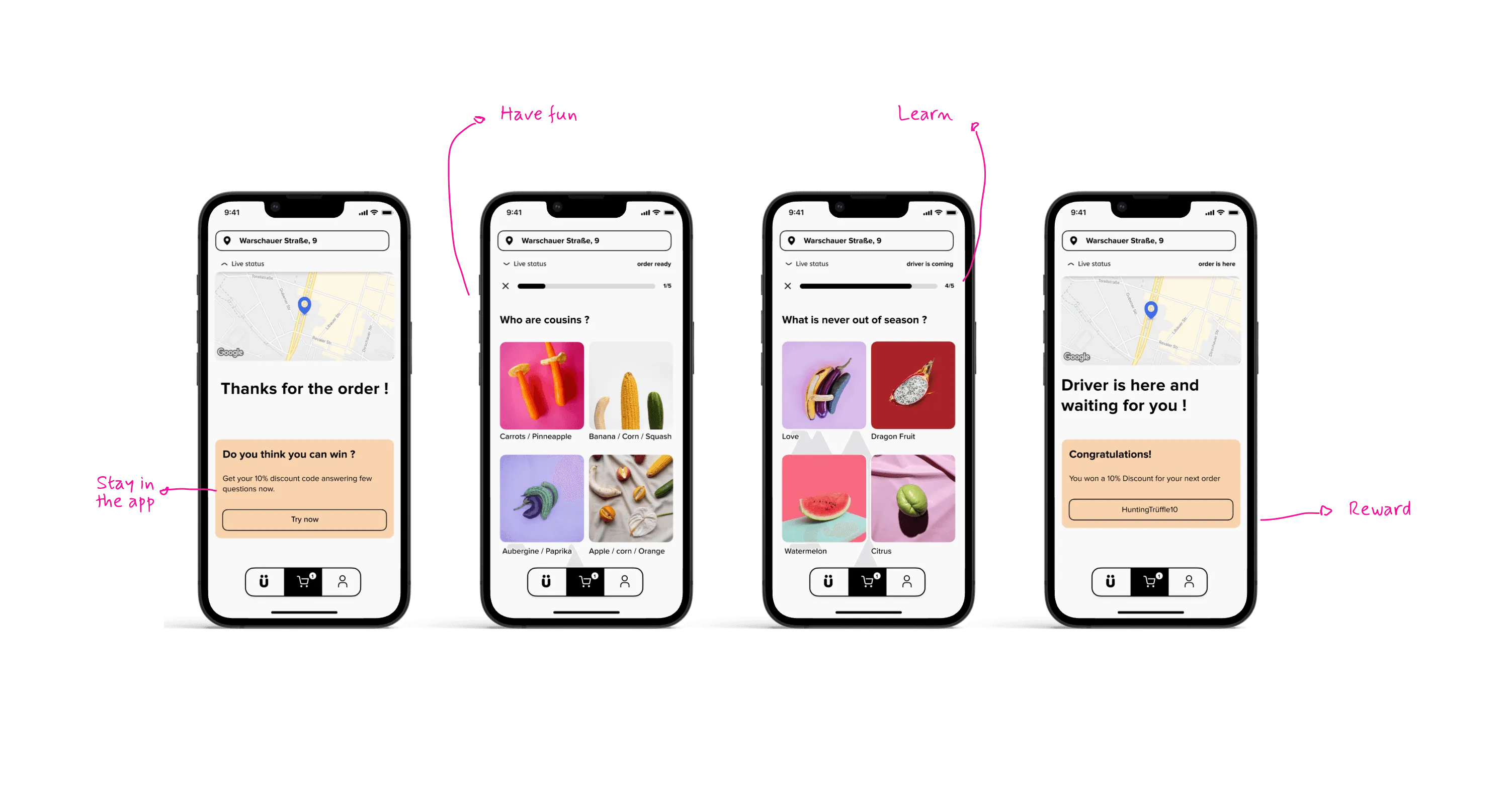 Quiz flow shown while an order is on its way