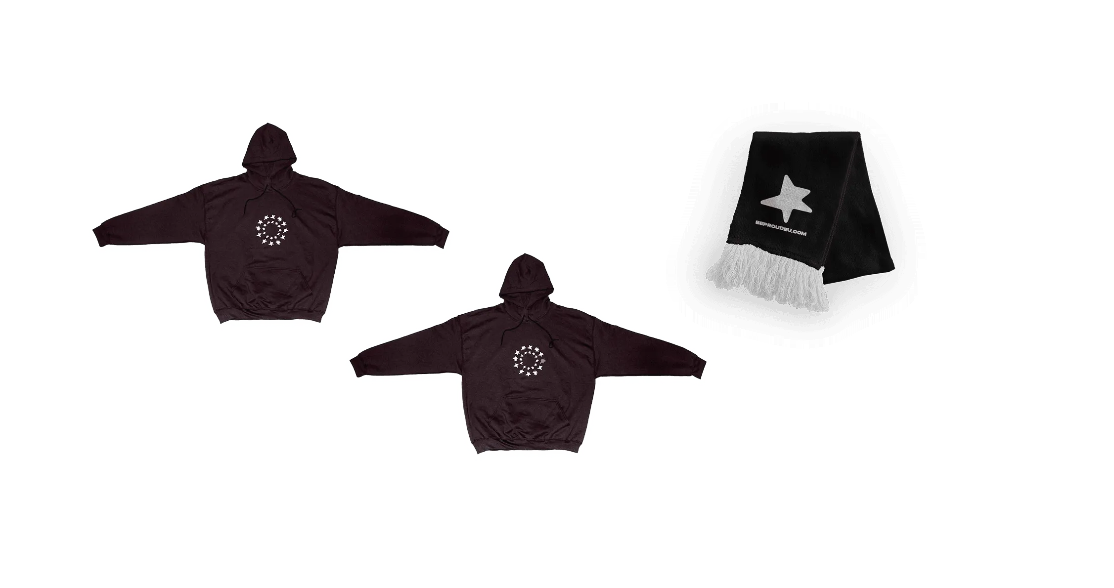 Black hoodies and a tote bag printed with a personal star