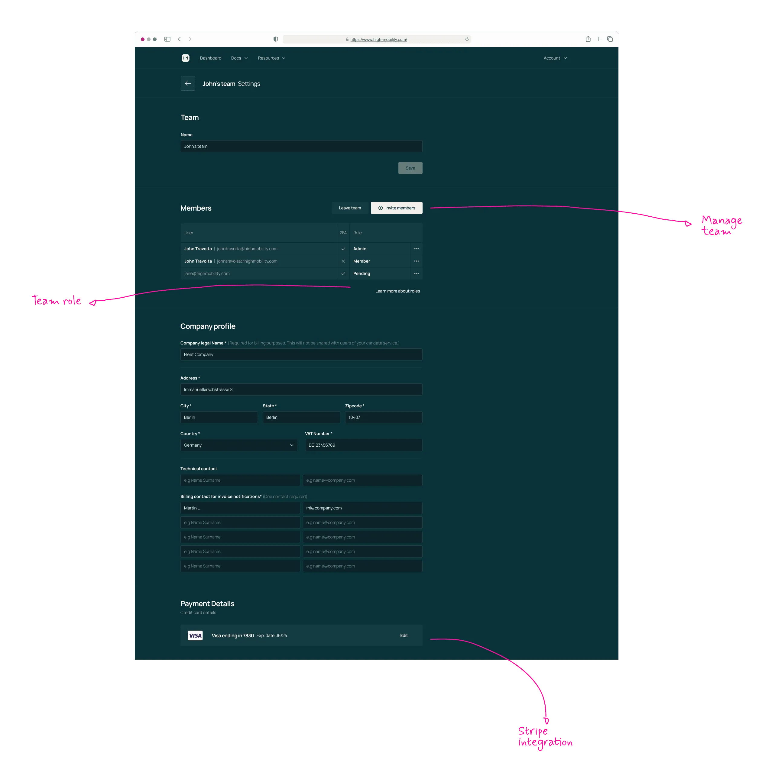 Team settings screen with role-based permissions